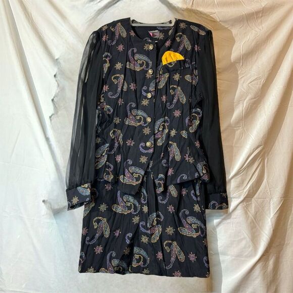 Tina Barrie VTG Black Paisley Midi Skirt & Top Set Sheer Sleeves Boho Retro Glam - Picture 7 of 13